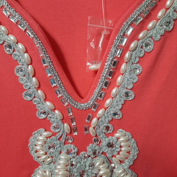 Quaker Factory Women's Top Coral White Silver Embellished Neckline 3/4 Sleeve L - Picture 4 of 10